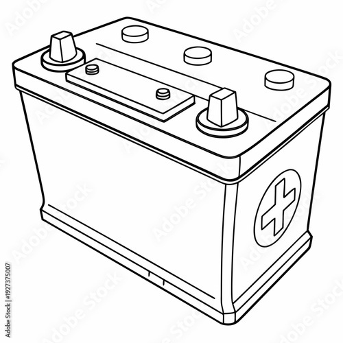 Simple black and white line art drawing of a standard automotive car battery viewed from a slight angle highlighting terminals and positive marking.