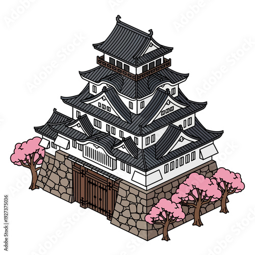 Traditional Japanese Castle with Cherry Blossoms.