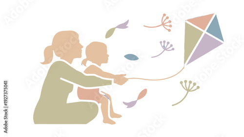 A touching moment of a mother and child enjoying a kite in the open air.