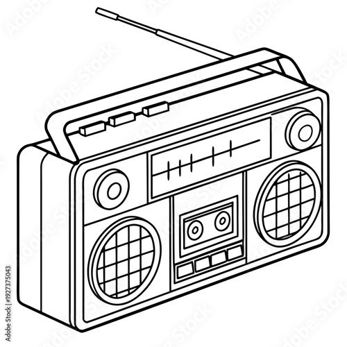 Detailed black and white line art illustration featuring a classic portable cassette player radio boombox with an extended antenna viewed from an isometric angle.
