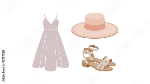 A stylish summer outfit consisting of a dress, hat and sandals.
