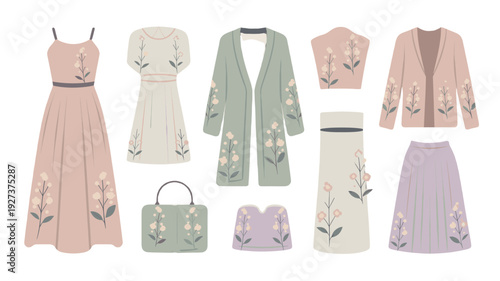 Collection of elegant clothing with floral embroidery, exuding grace and charm.