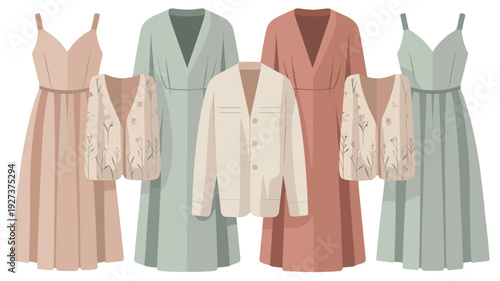 An assortment of beautifully designed dresses and a cardigan.