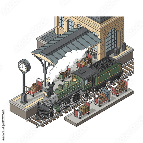 Vintage Green Steam Train at Railway Station Platform.