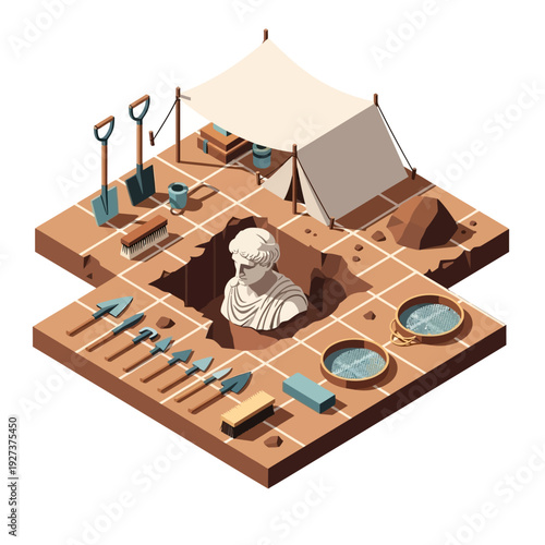 Archaeological excavation site with ancient statue and tools.