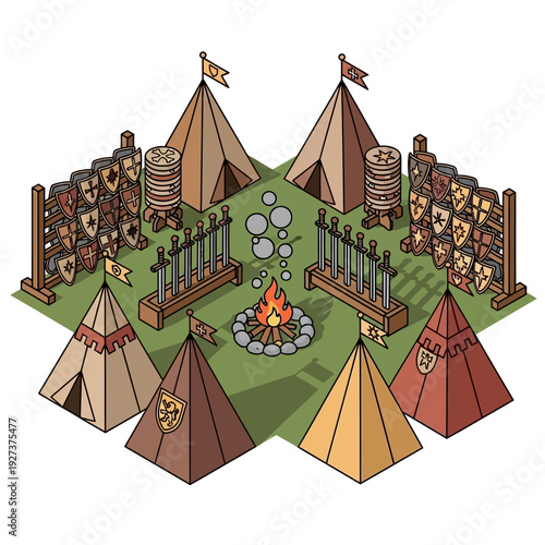 Medieval campsite with tents and warriors in a circular formation around a fire pit.