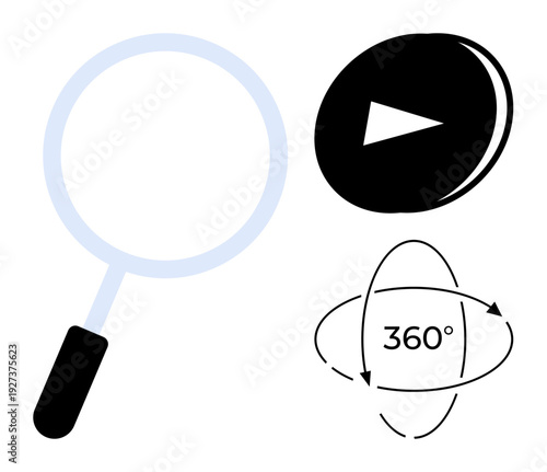 Search, media exploration, interactivity, virtual tours, data analysis, digital tools. A magnifying glass, a play button and rotation arrows. Search and media exploration concepts