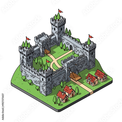 Isometric medieval castle with towers and village buildings.