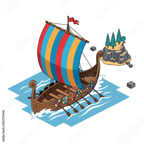 Isometric illustration of a Viking longship sailing towards a small island.