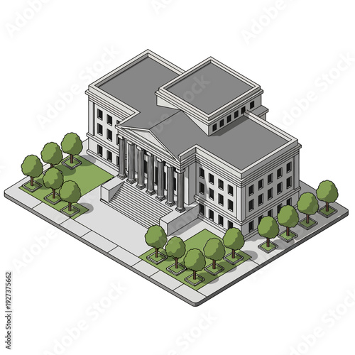Isometric illustration of a government building with columns and trees.