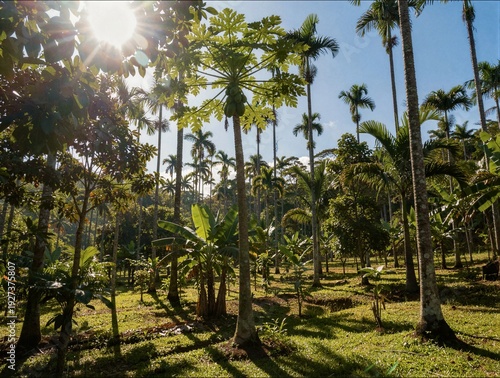 A vibrant tropical garden features various palm and papaya trees under a bright sun with lens flare creating a lush and exotic atmosphere.