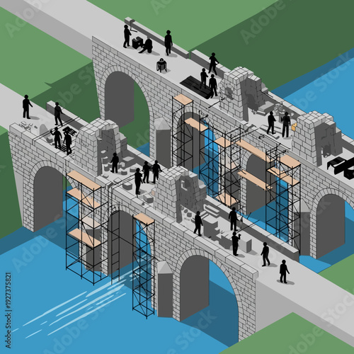 3D illustration of stone bridge renovation over river with workers on scaffolding.