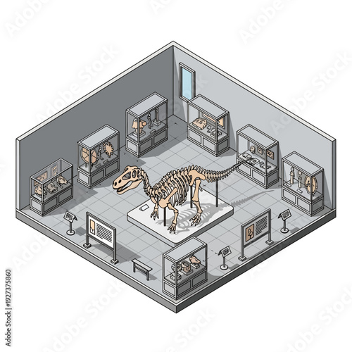 Isometric illustration of a dinosaur museum with fossil exhibits.