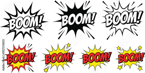 Collection of comic book boom speech bubbles with explosion effects in black and white and pop art yellow and red isolated on white