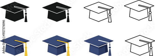 Black and White and Blue Graduation Cap Icon Set Featuring Academic Mortarboards with Tassels in Solid Silhouette Outline and Flat Vector Styles for Education