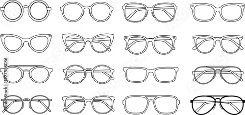 Black and White Line Art Icon Set Featuring Various Eyeglasses Frames, Fashion Eyewear Styles, Sunglasses Silhouettes, Optometry Symbols, and Trendy Spectacles for Digital Design
