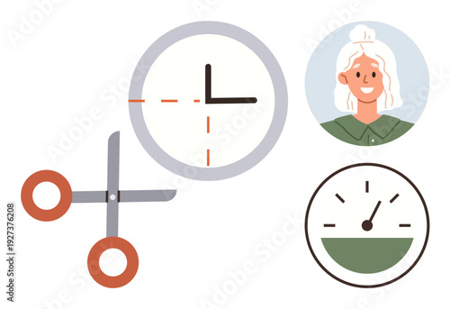 Time management, productivity, scheduling, task prioritization, personal planning, efficiency. clock with scissors, timer and smiling woman. Time management and productivity concepts