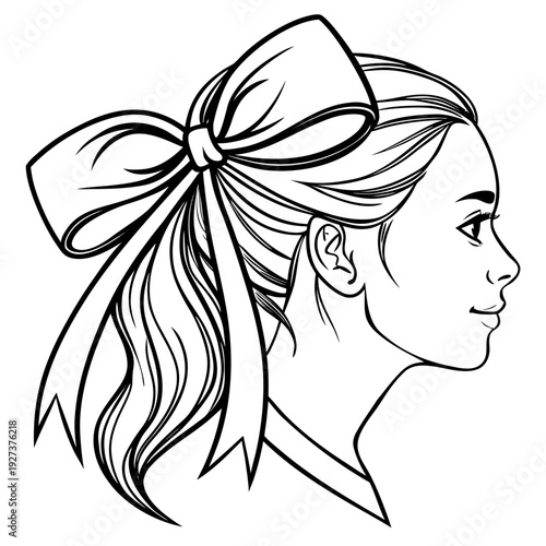 Elegant young woman with long hair tied back with a large decorative bow facing to the right in a simple black and white illustration