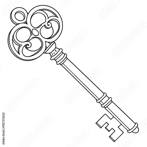 Elegant antique key with intricate bow and ornate design elements on a clean white background showcasing its detailed craftsmanship and historical significance beautifully.