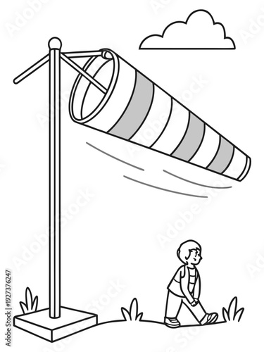 A person walking past a broken wind turbine on a cloudy day with strong wind affecting the turbine blade