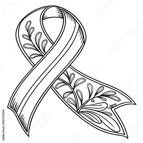 Elegant black and white illustration of an awareness ribbon with floral designs symbolizing hope and support for various social causes and charities worldwide every day.