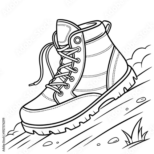 Stylish hiking boot illustration ready for coloring on a clean white background with natural elements