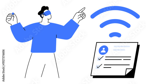 Person with VR headset gesturing towards wireless signal and document with profile and checklist. Ideal for technology, innovation, connectivity, virtual reality, digital transformation, efficiency