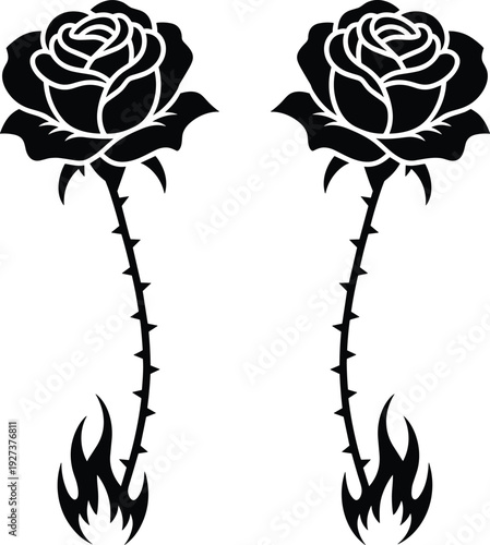 Black vector silhouette of two long stem roses with sharp thorns and fire flames at the base for gothic romance tattoo and dark branding