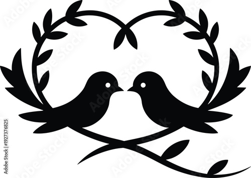 Black vector silhouette of two love birds facing each other within a decorative leafy heart frame for wedding invitations romance and anniversary branding
