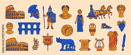 Ancient Rome Icon Set: A vibrant and detailed collection of iconic symbols representing the grandeur and rich history of the Roman Empire, capturing the essence of an ancient civilization.