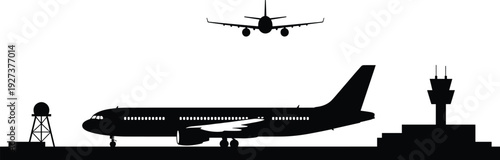 Black vector silhouette set of commercial airplanes on a runway with a control tower and radar for airport travel aviation industry and transportation branding design,