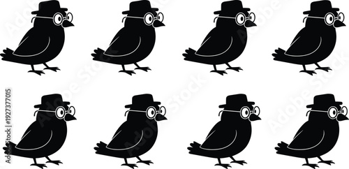 Black vector silhouette set of cute cartoon birds wearing hats and glasses for education library school learning literature book and creative avian branding design