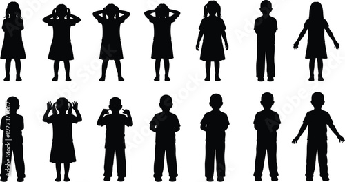 Black vector silhouette set of diverse boys and girls standing in various poses for school education childhood development youth community and family branding design