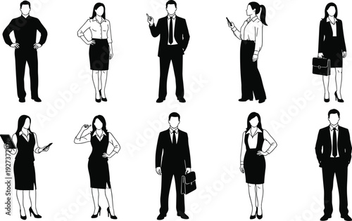 Black vector silhouette set of diverse business men and women in professional office attire for corporate branding teamwork leadership and career development design