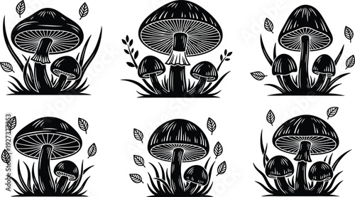 Black vector silhouette set of diverse forest mushrooms and fungi with organic leaves and grass for nature landscape environment mycology and botanical branding design