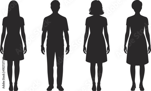 Black vector silhouette set of diverse men and women standing in casual outfits for fashion retail lifestyle community social group and human resource branding
