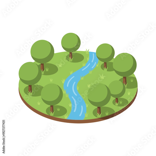 Serene Cartoon Landscape with River and Trees.