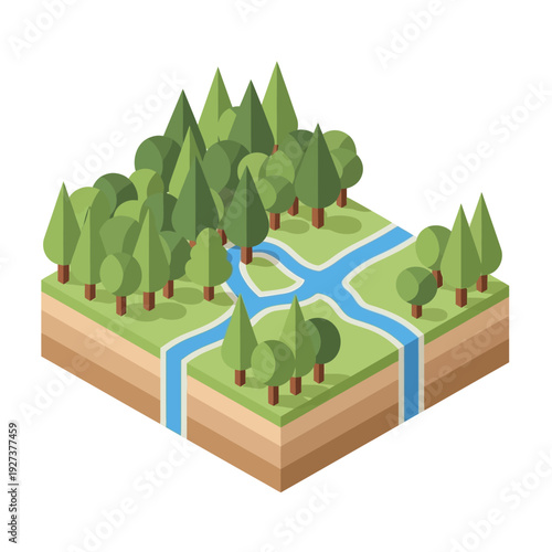 Isometric illustration of a river flowing through a forest with lush green trees and grassy areas.