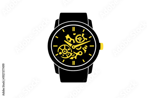 Modern black skeleton wristwatch with visible gold gears and internal mechanical movement isolated on white background