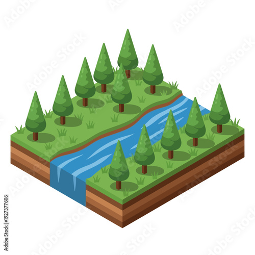 Isometric illustration of a serene forest landscape with a winding river.
