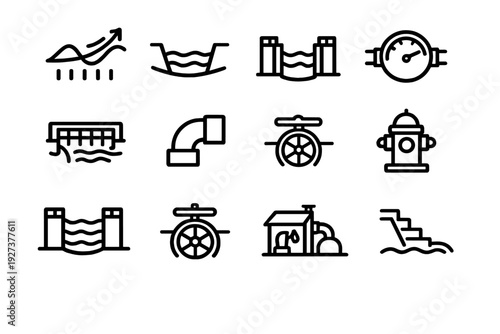 Water management and dam infrastructure line icon set featuring pipes valves reservoir and hydroelectric power plant symbols