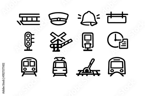 Set of railway and train station icons including locomotive subway tram signal crossing gate conductor hat and track switch