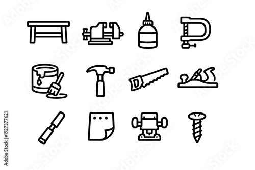 Woodworking and carpentry tool icons set including hammer saw chisel clamp vise workbench paint brush and screw for diy projects