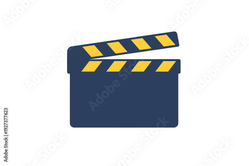 Classic film slate clapper board with yellow and blue stripes isolated on white for movie making and video production
