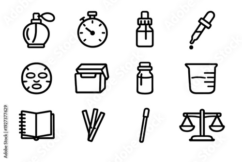 Set of skincare and cosmetic laboratory line icons including perfume bottle dropper beaker and scales on white background