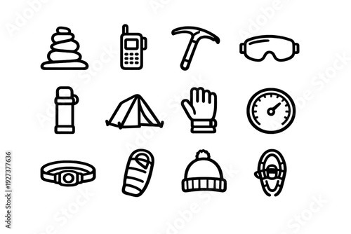 Mountain climbing and camping equipment line icon set including tent ice axe sleeping bag and hiking gear on white background