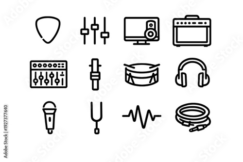 Music production and recording studio equipment line icon set featuring microphone headphones mixing console and audio tools