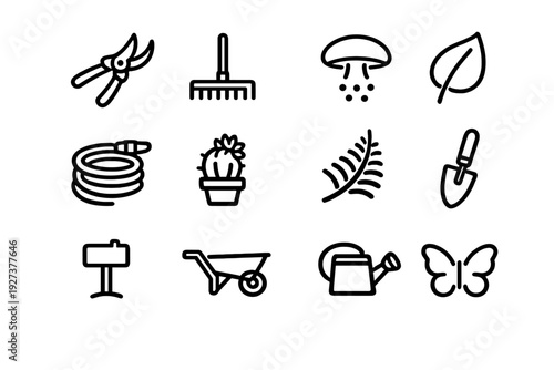 Set of minimalist gardening and nature line icons including tools plants and insects on white background