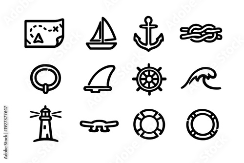 Nautical and maritime line icon set featuring anchor sailboat lighthouse treasure map ship wheel and ocean wave elements on white background