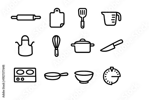 Set of kitchen tools and cooking equipment icons including rolling pin spatula whisk pot knife stove and timer on white background